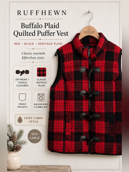 Ruff Hewn Jackets & Blazers - Ruff Hewn Buffalo Plaid Red & Black Quilted Puffer Vest | Cozy Cabin | Sz Large